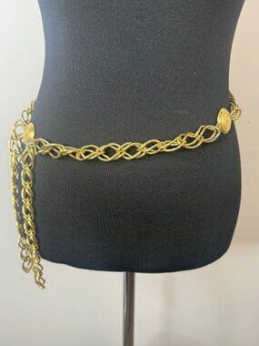 Vintage Gold Tone Linked Medallion Metal Belt Hook and Loop Buckle
